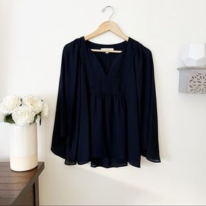 LOFT flowy boho embroidered blouse navy blue size small